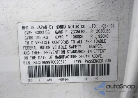 2007 Acura Tsx из США, поврежденный, VIN JH4CL96997C020379